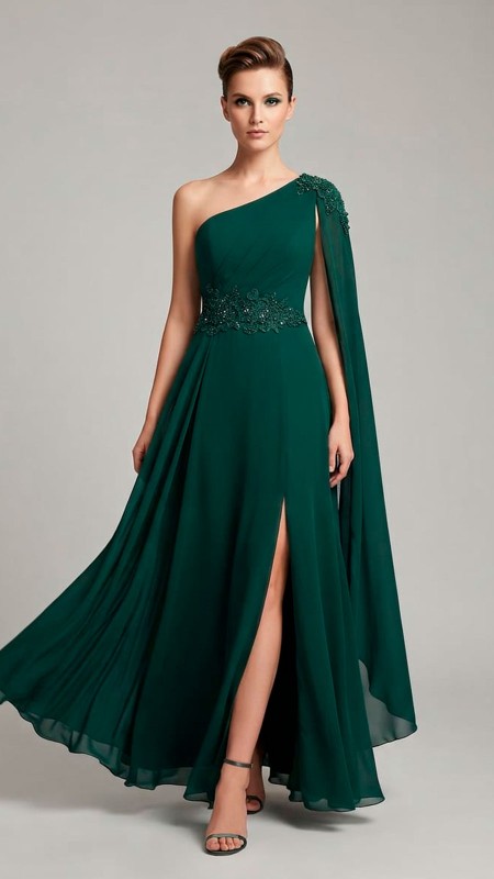 VESTIDO COLOR VERDE BOTELLA CON UNA SOLA MANGA ROMANA