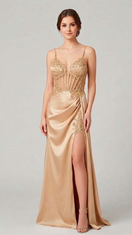VESTIDO COLOR DORADO TELA SATINADA CON DETALLES EN EL CORSET