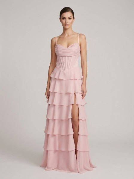 VESTIDO ROSADO CON VOLADOS DE GASA