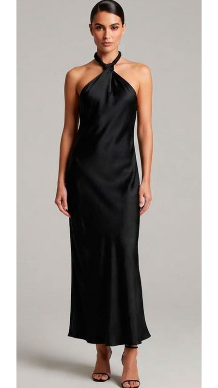 VESTIDO COLOR NEGRO SATINADO ESCOTE HALTER