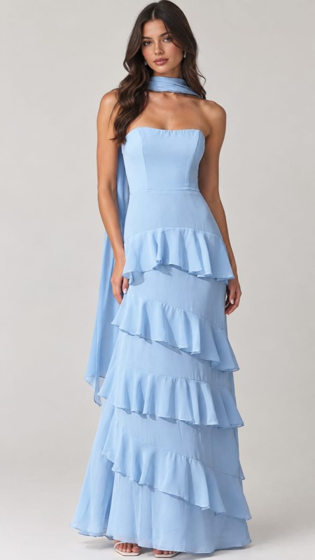 vestido celeste bebecon volados y chall
