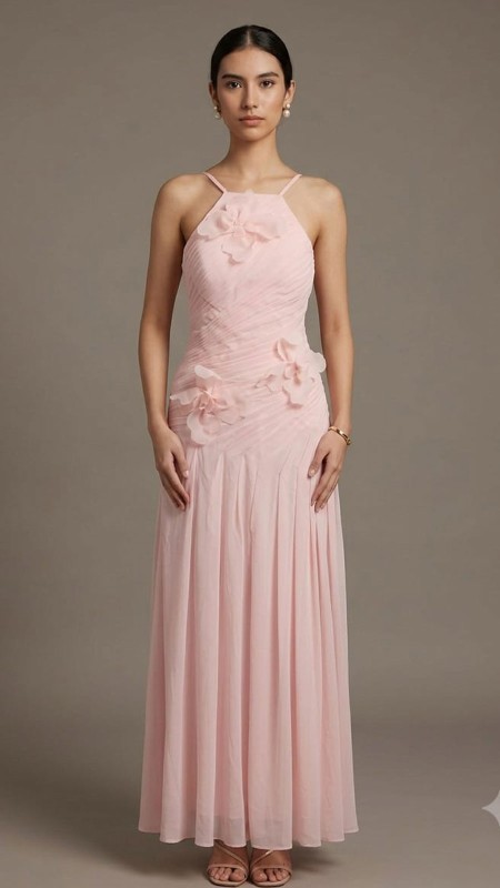 VESTIDO ROSADO BEBE GASA CON PLISADO ARRIBA Y FORES