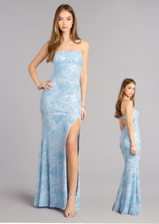 VESTIDO CELESTE DE LENTEJUELAS STRAPLES