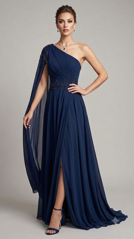 VESTIDO AZUL MARINO ASIMETRICO CON CAPA