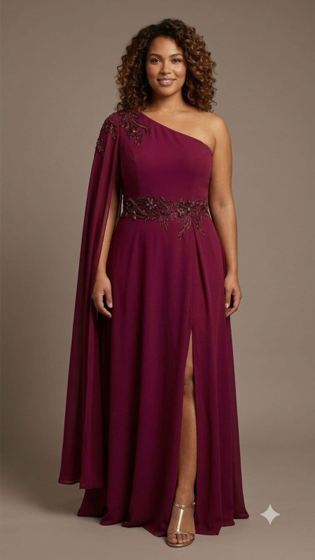VESTIDO GUINDO ASIMETRICO CON CAPA