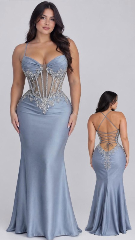 vestido celeste metalizado con varillas y corset