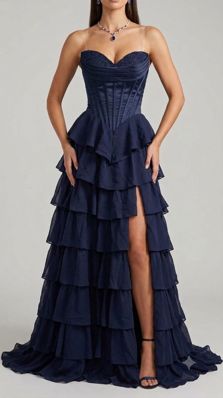 VESTIDO AZUL MARINO CON VARILLAS EN CAPAS