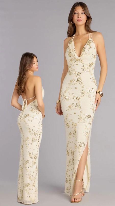 VESTIDO BEIGE CON FLORES DORADAS DE LENTEJUELAS