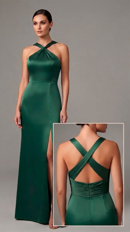 VESTIDO COLOR VERDE ESMERALDA TELA SATINADA CON ESCOTE HALTER