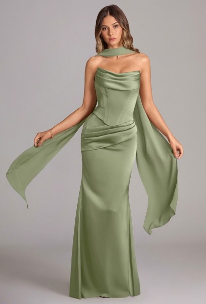 VESTIDO VERDE PISTACHO  DE SEDA  CON CHALL