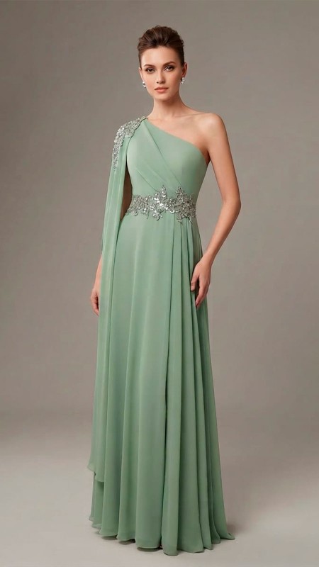 VESTIDO COLOR VERDE PISTACHO CON UNA SOLA MANGA ESTILO ROMANA
