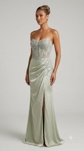 VESTIDO VEDE PISTACHO ESTRAPLES CON CORSET