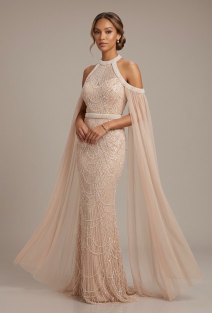 VESTIDO DE PERLAS CON CAPAS EN AMBOS BRAZOS