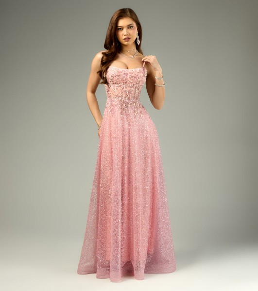 VESTIDO ROSADO CORTE A CON CORSET Y PEDRERIA