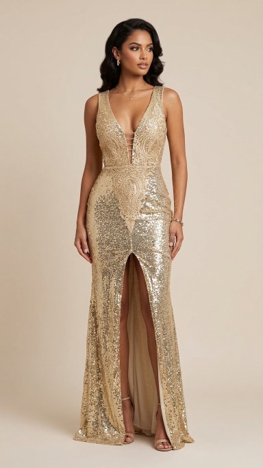VESTIDO DORADO DE LENTEJUELAS CON ABERTURA AL MEDIO