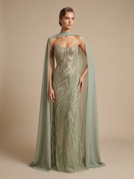 VESTIDO VERDE PISTACHO STRAPLESS CON CHALL