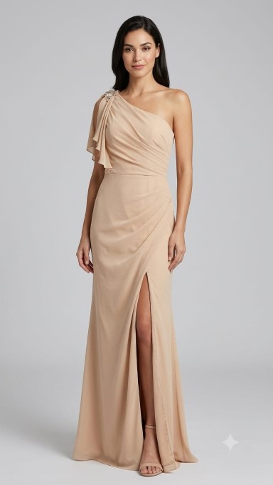 VESTIDO BEIGE ASIMETRICO DE GASA