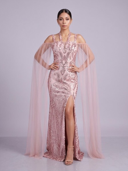 VESTIDO  ROSA CON MANGAS TRANSPARENTES
