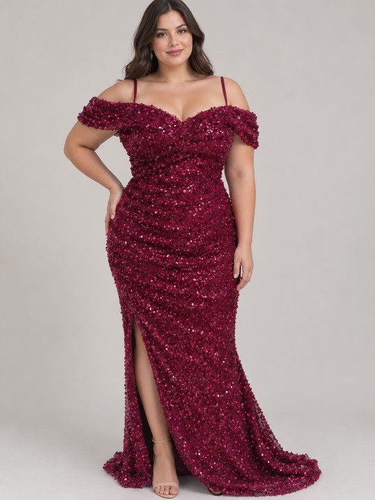 VESTIDO GUINDO DE LENTEJUELAS SIRENA CON MANGAS CAIDAS