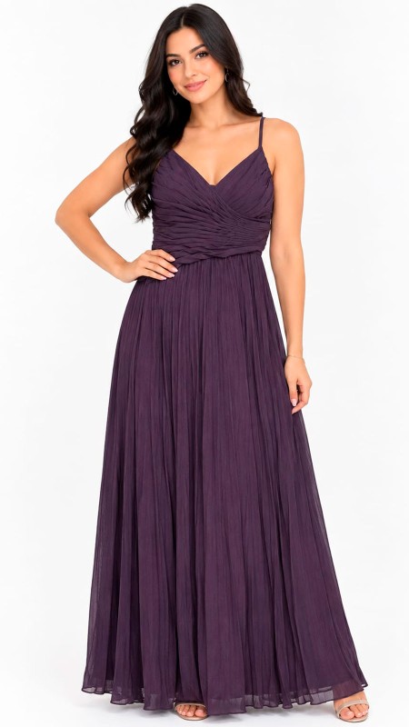 VESTIDO COLOR  LILA OSCURA EN TELLA SEDA PLIZADA