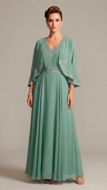 VESTIDO COLOR VERDE SALVIA TELA SEDA CON CHAQUETA CORTA MANGA TRES CUARTOS