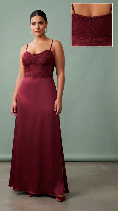 VESTIDO COLOR VINO EN LETA SATINADA CORTE PRINCESA
