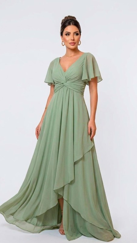 VESTIDO COLOR VERDE PISTACHO EN TELA SEDA  CON MANGA CORTA