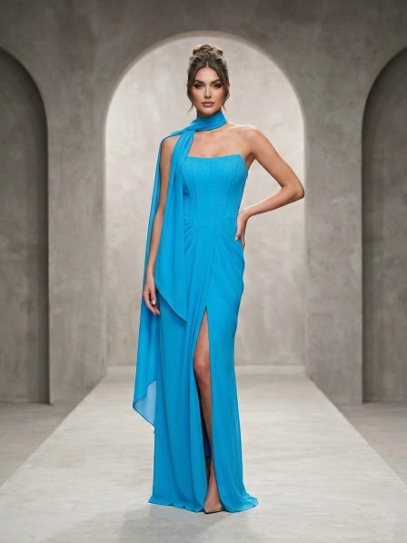 VESTIDO CELESTE CON CHALLS SATIN