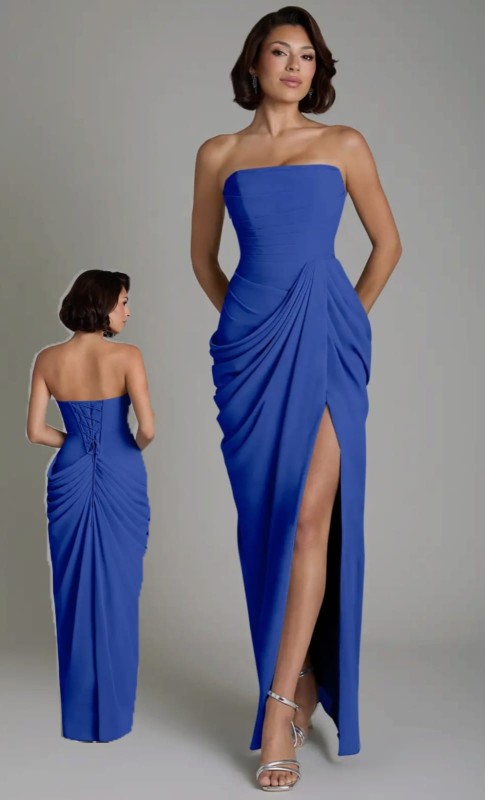 VESTIDO CELESTE STRAPLES DE GASA