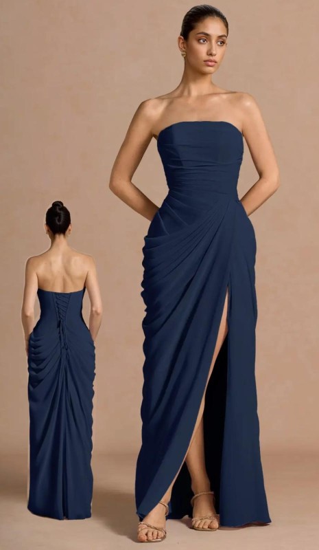 VESTIDO AZUL MARINO STRAPLES DE GASA ARRUCHADO