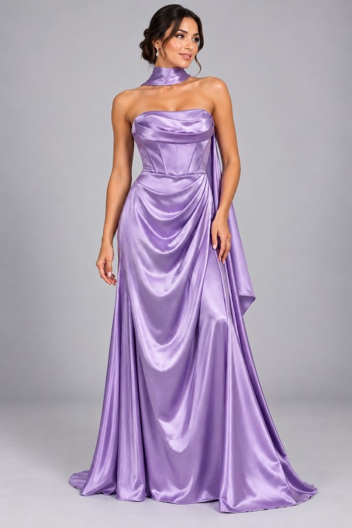 VESTIDO LILA SATIN DE COCTEL CON CHALL