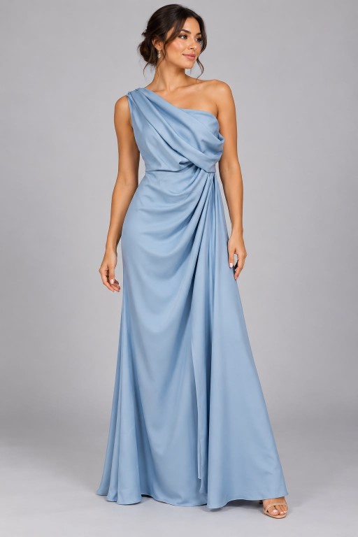 VESTIDO CELESTE ASIMETRICO CON PLIEGUES