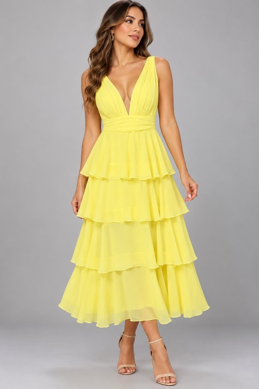 VESTIDO AMARILLO DE GASA CON VOLADOS