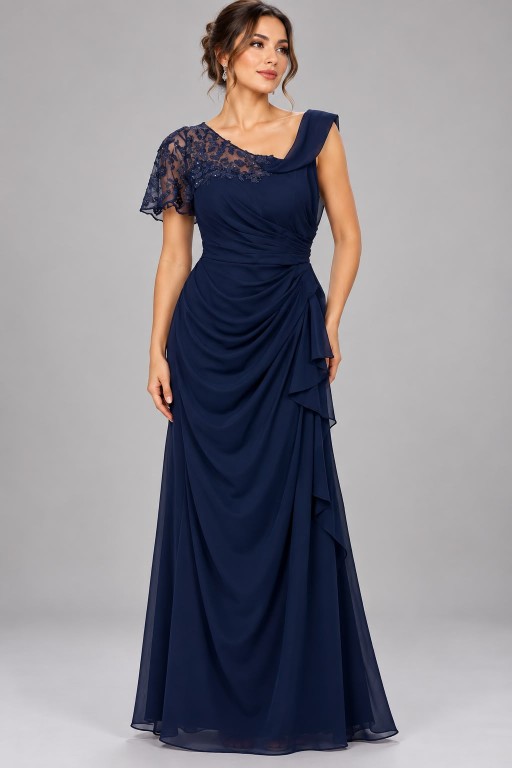 VESTIDO AZUL MARINO CON MANGAS Y ABERTURA