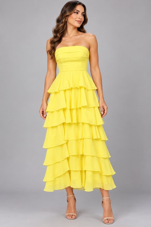 VESTIDO STRAPLES, AMARILLO CON VOLADOS