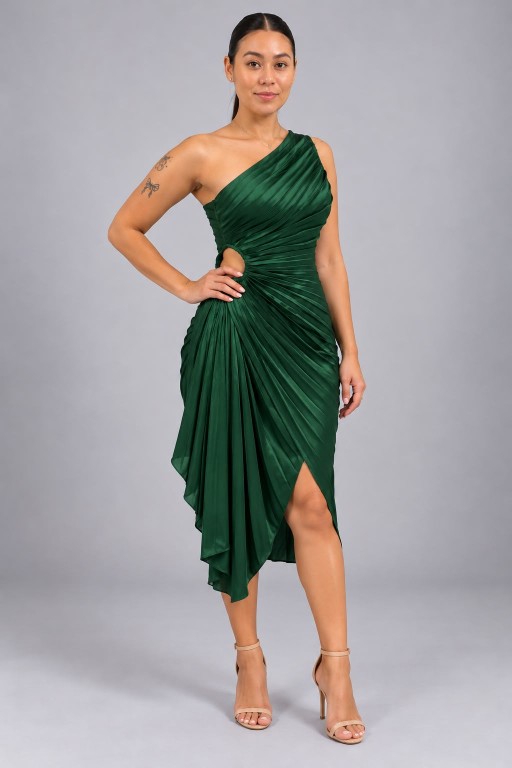 VESTIDO VERDE OLIVO, SATIN ASIMETRICO