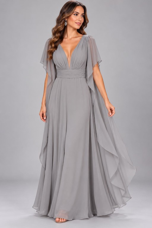 VESTIDO PLOMO DE GASA CON CAPITA