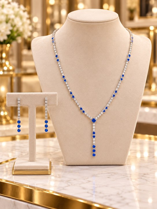 CONJUNTO DE AROS Y COLLAR CON DIAMANTE AZUL
