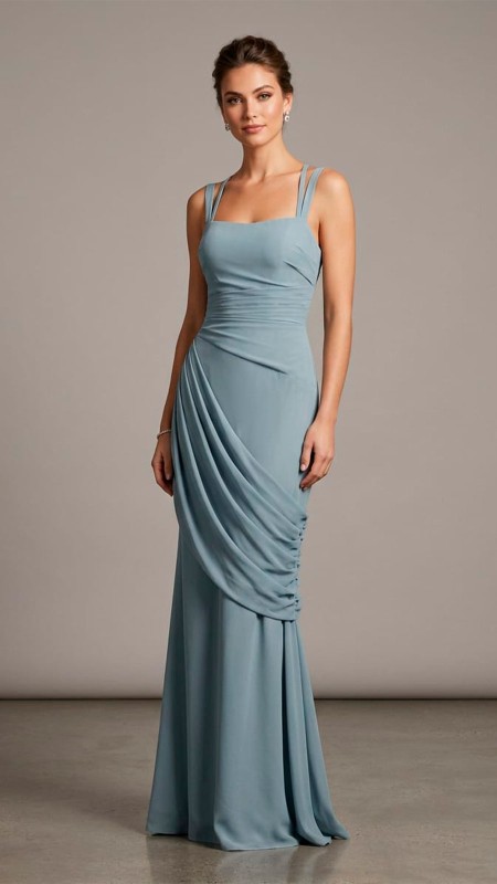VESTIDO COLOR AZUL CENIZA  CUENTA CON  SOFISTICADO  DRAPEADO HORIZONTAL  TELA SEDA
