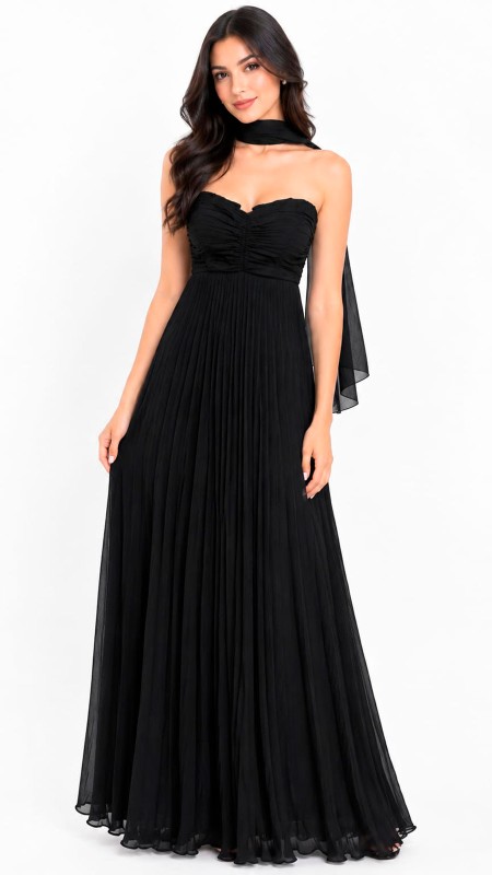 VESTIDO COLOR NEGRO DRAPEADO EN LA PARTE SUPERIOR CON MASCADA EN EL CUELLO