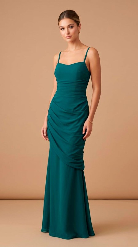 VESTIDO VERDE ESMERALDA  CON DETALLE DRAPEADO EN LA FALDA ESCOTE RECTO TELA SEDA