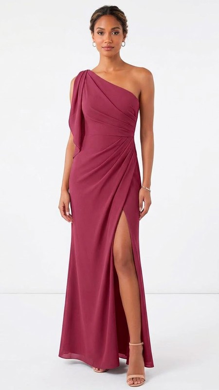 VESTIDO COLOR  ROSADO OSCURO ASIMETRICO  TELA SEDA CUENTA CON DETALLES DRAPEADO