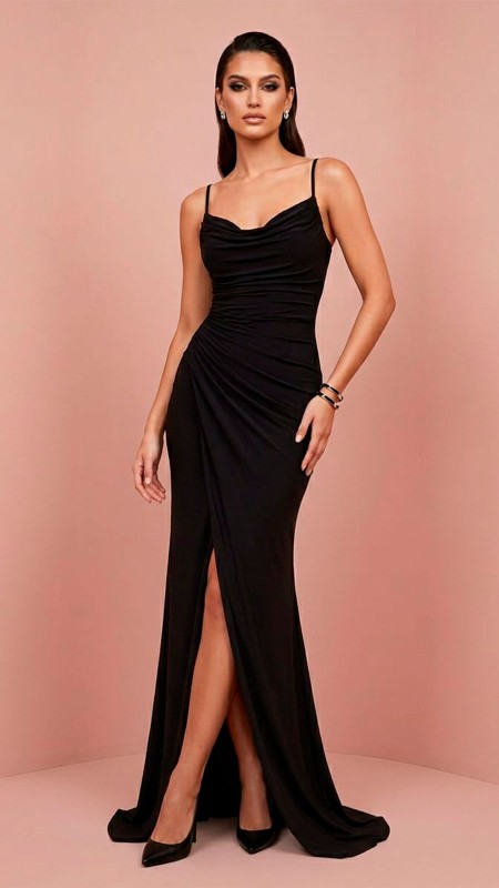 VESTIDO NEGRO CON ESCOTE EN V TELA LICRA