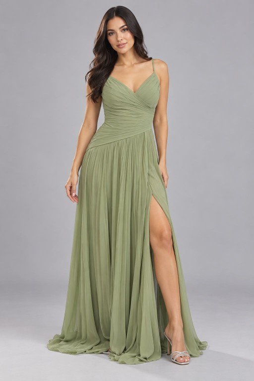 VESTIDO VERDE CLARO DE GASA CON PLIEGUES