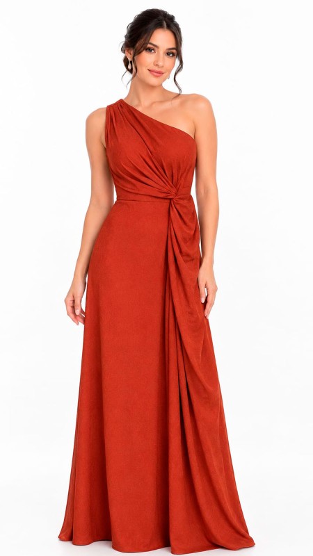 VESTIDO COLOR TERRACOTA EN TELA SEDA ASIMETRICO