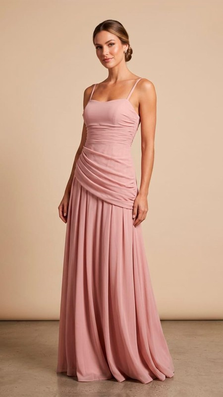VESTIDO COLOR ROSA PALO  MODELO DRAPEADO  CON ESCOTE RECTO
