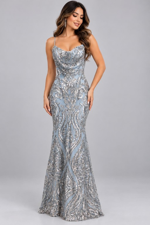 VESTIDO CELESTE CON LENTEJUELAS PLATEADAS