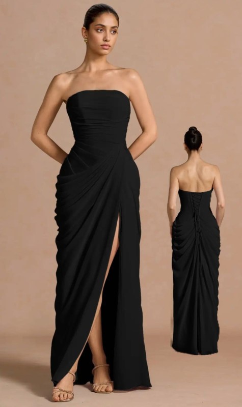 VESTIDO NEGRO STRAPLES ARRUCHADO