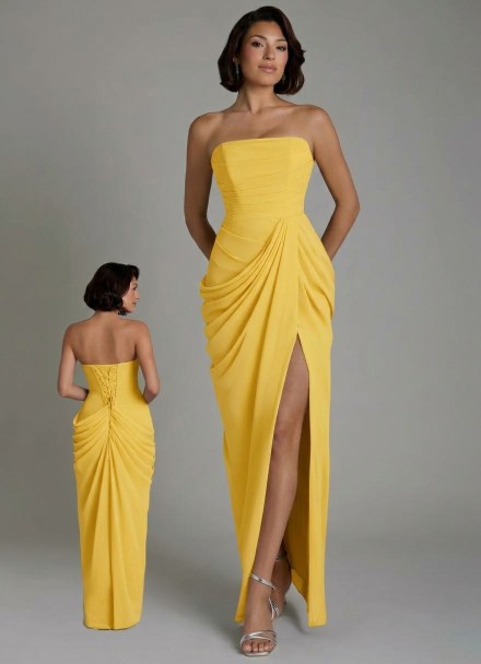 VESTIDO AMARILLO STRAPLES ARRUCHADO