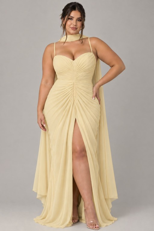 VESTIDO AMARILLO MANTEQUILLA DE GASA CON CHALL